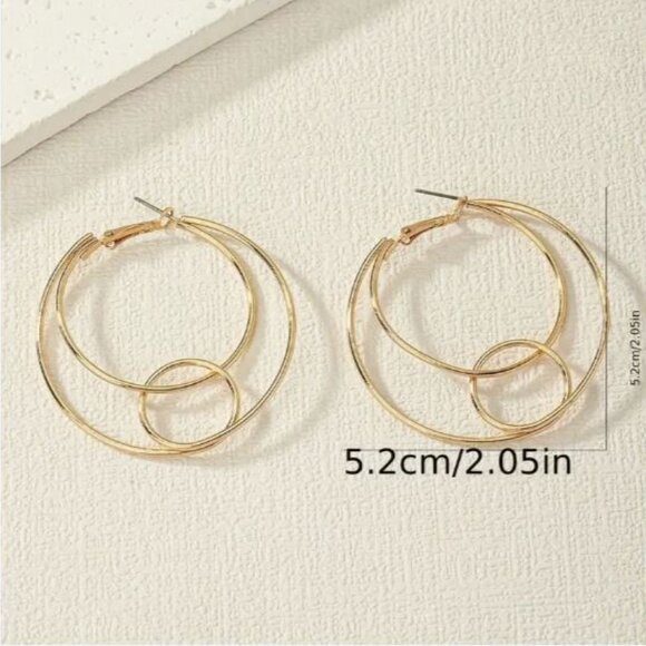 NEW Modernist Gold Plated Double Circle Hoop Earrings - Picture 4 of 4